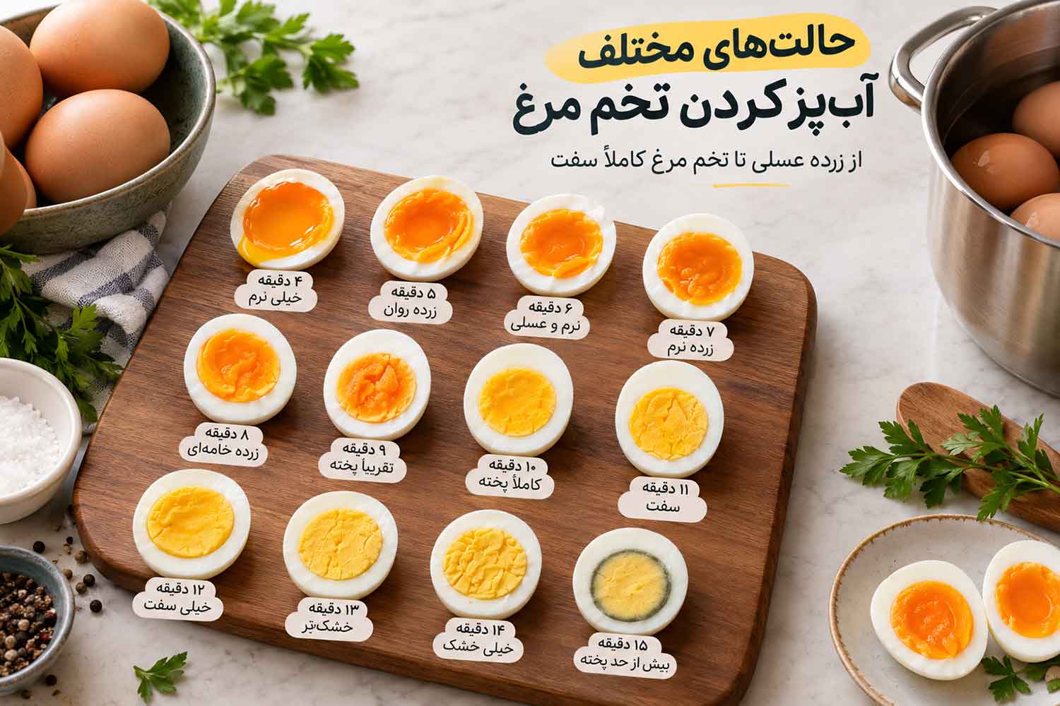 حالت‌های مختلف آب‌پز کردن تخم مرغ از ۴ تا ۱۵ دقیقه و تفاوت بافت زرده